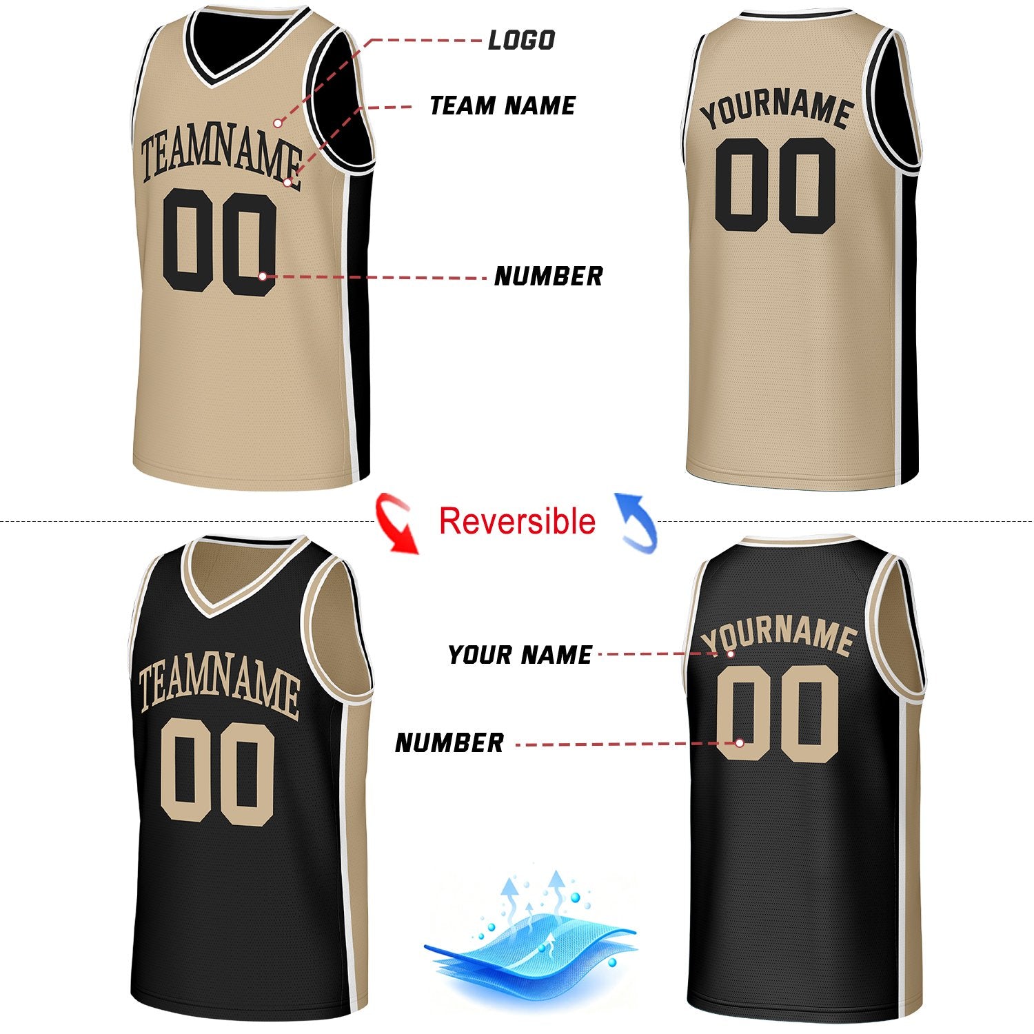 Custom Khaki & Black Reversible Basketball Jersey And Shorts Set | Personalized Team Uniforms for Adult & Youth