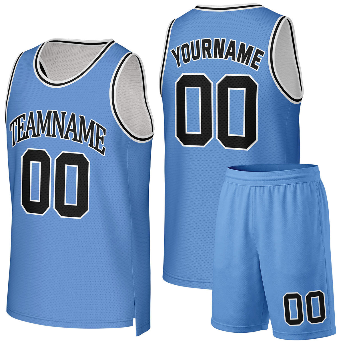 Basketball jersey and shorts set skyblue‑black by Vosoli, personalized team name, number & logo, quick‑dry mesh fabric for game‑ready team basketball outfits