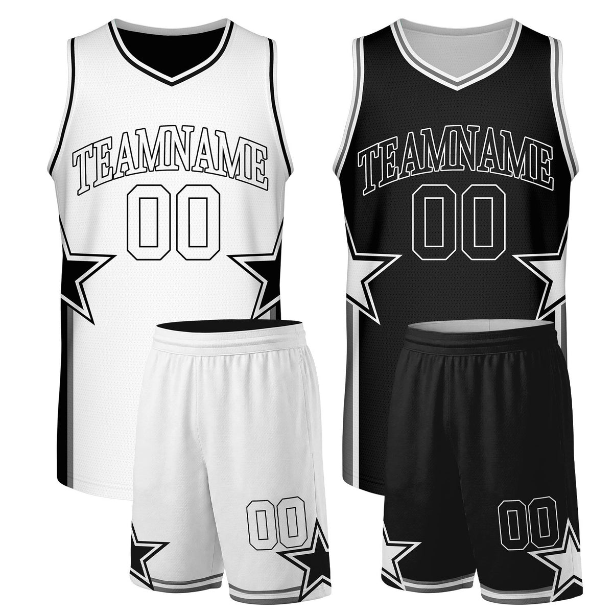 Basketball jersey and shorts set white black reversible by Vosoli. Personalized team name, player number & logo. Breathable mesh. Fast delivery.