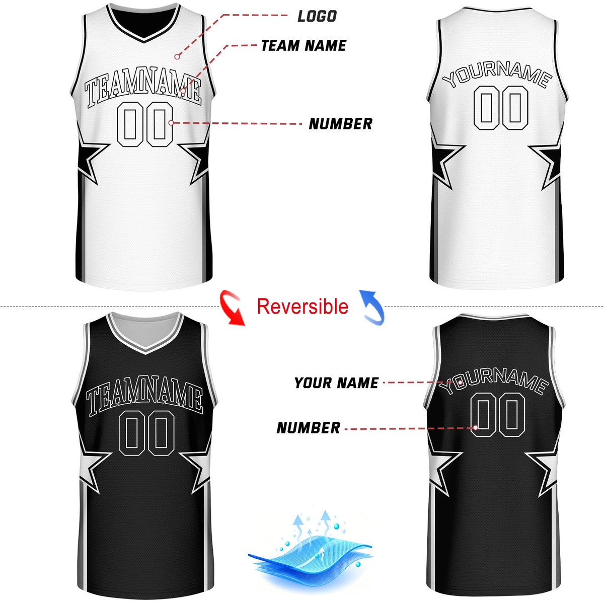 Custom White & Black Star Reversible Basketball Uniform Set | Breathable Mesh Jersey & Shorts
