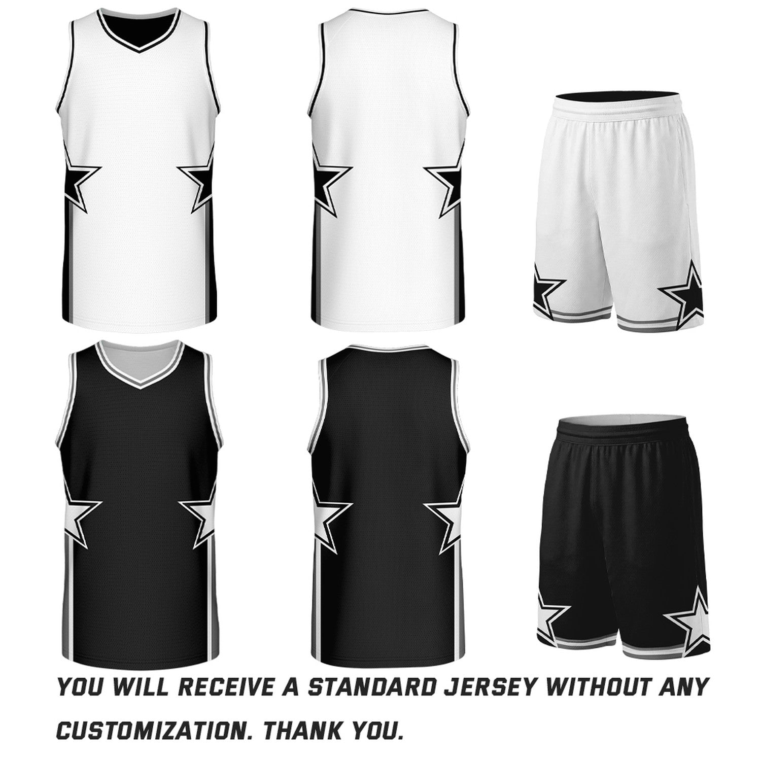 Custom White & Black Star Reversible Basketball Uniform Set | Breathable Mesh Jersey & Shorts