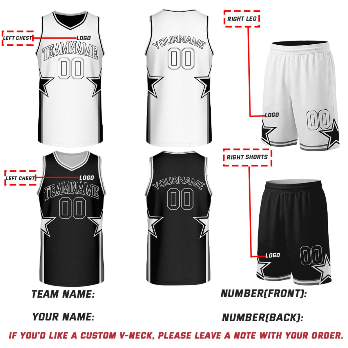 Custom White & Black Star Reversible Basketball Uniform Set | Breathable Mesh Jersey & Shorts