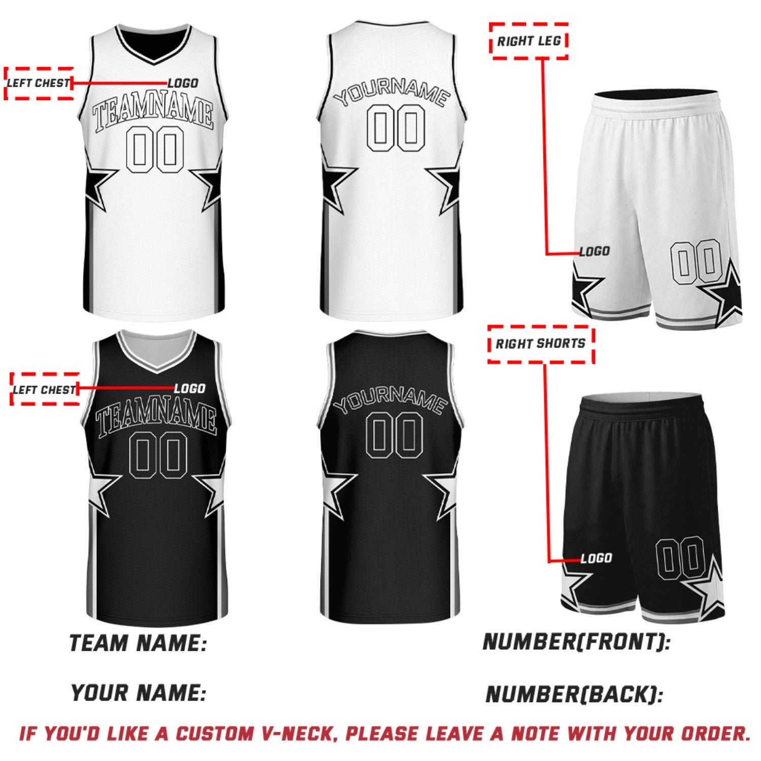 Custom White & Black Star Reversible Basketball Uniform Set | Breathable Mesh Jersey & Shorts