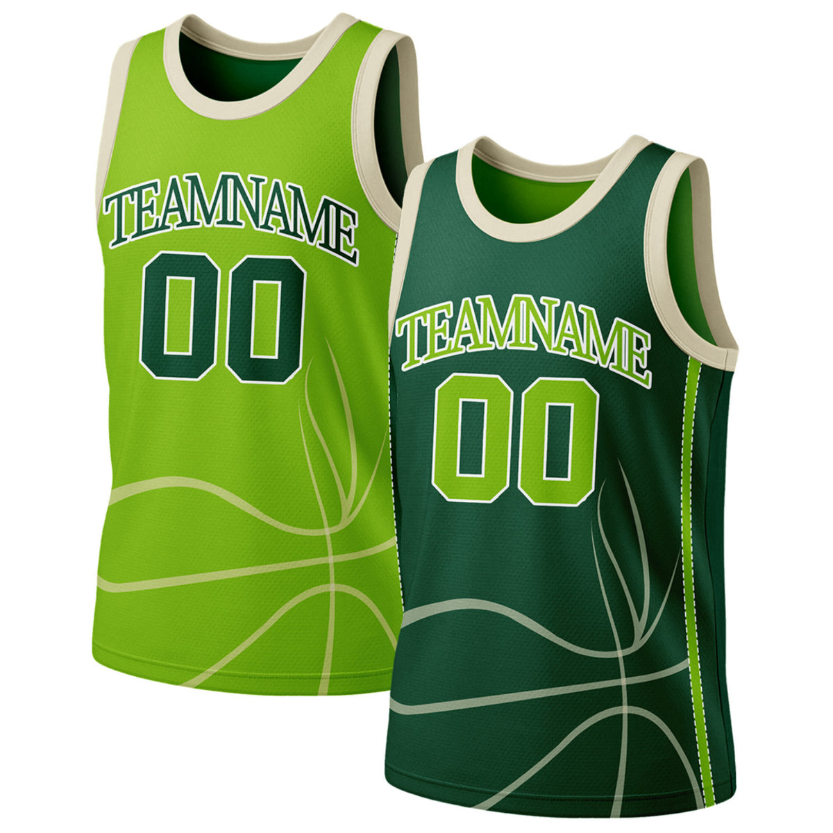 Basketball jersey team order light green and dark green reversible by Vosoli, personalized team name, number & logo, breathable mesh dual sided basketball jersey for team bulk orders