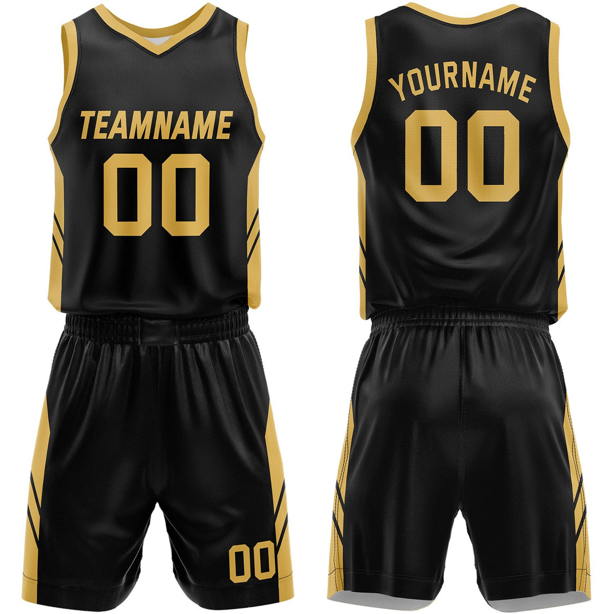 Basketball league team uniforms black‑gold by Vosoli, personalized team name, number & logo, quick‑dry mesh fabric for league game‑ready basketball team outfits