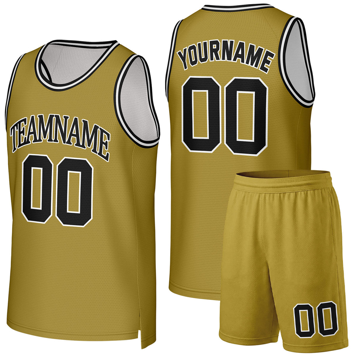 Basketball league team uniforms gold‑black by Vosoli, personalized team name, number & logo, quick‑dry mesh fabric for league game‑ready basketball team outfits