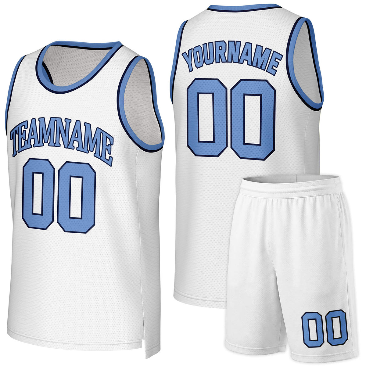 Basketball league team uniforms white‑lightblue by Vosoli, personalized team name, number & logo, quick‑dry mesh fabric for league game‑ready basketball team outfits