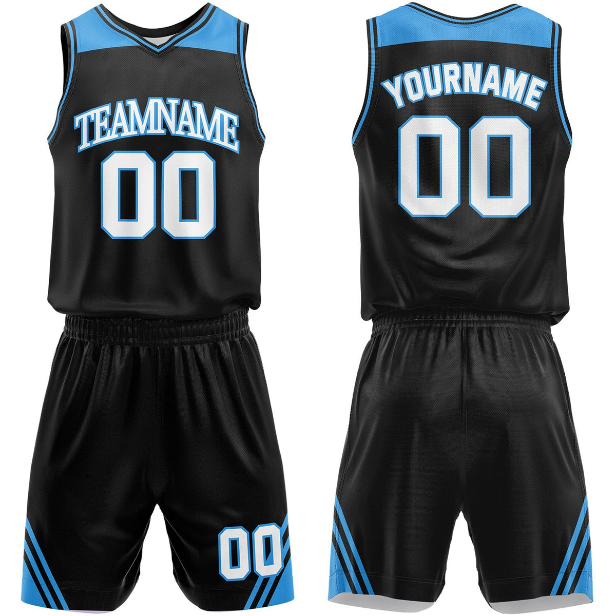 Basketball team bulk order black‑lightblue by Vosoli, personalized team name, number & logo, breathable mesh fabric for team bulk order match‑ready basketball uniforms