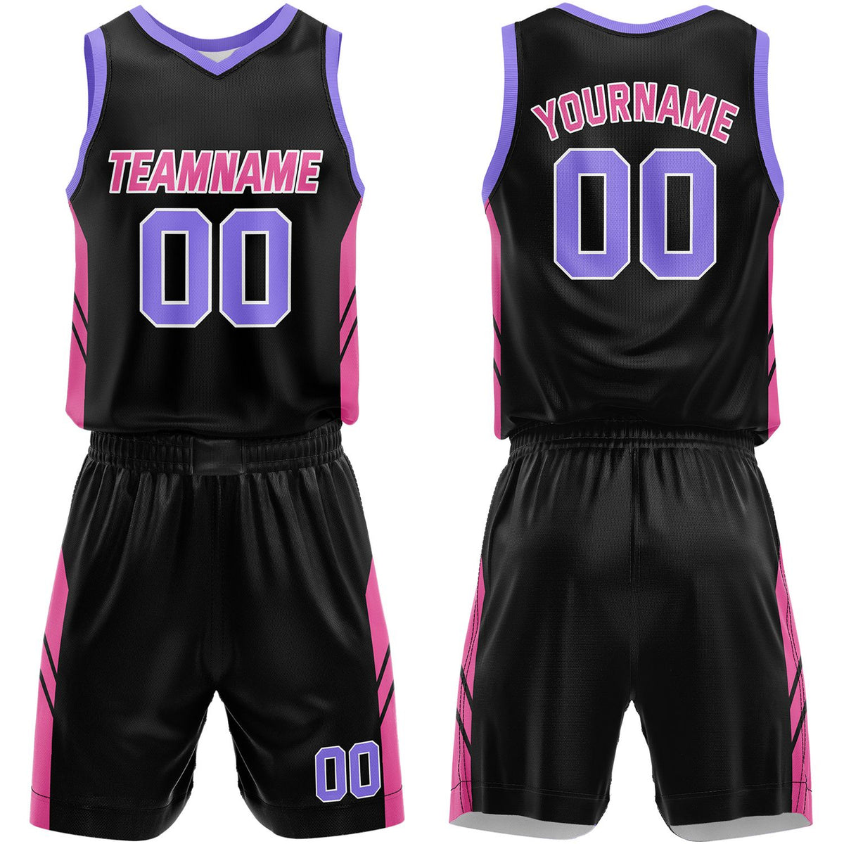 Basketball team bulk order black‑pink by Vosoli, personalized team name, number & logo, breathable mesh fabric for team bulk order match‑ready basketball uniforms