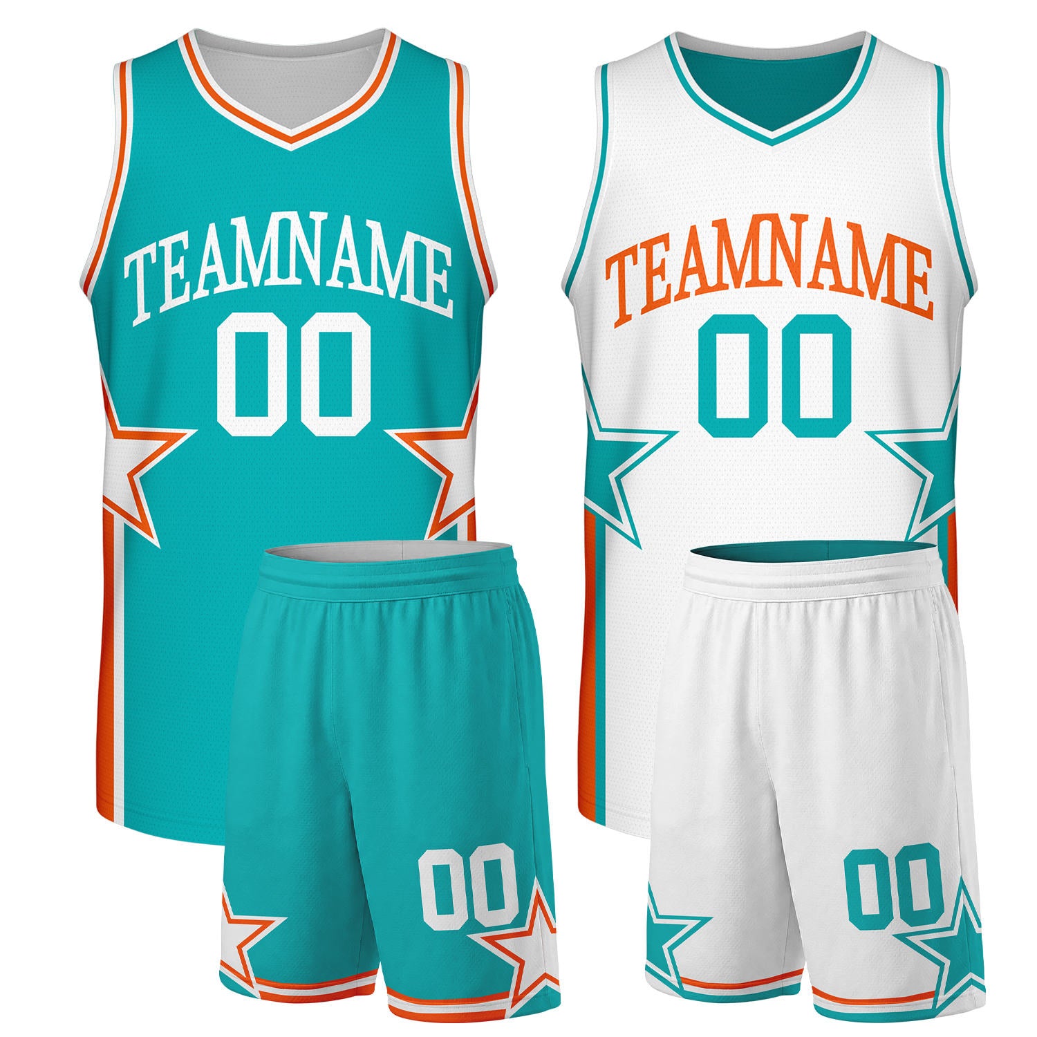 Big and tall basketball uniforms teal white reversible by Vosoli. Personalized team name, player number & logo. Breathable mesh. Fast delivery.