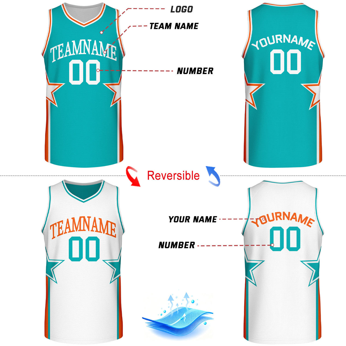 Custom Teal & White Star Reversible Basketball Uniform Set | Breathable Mesh Jersey & Shorts