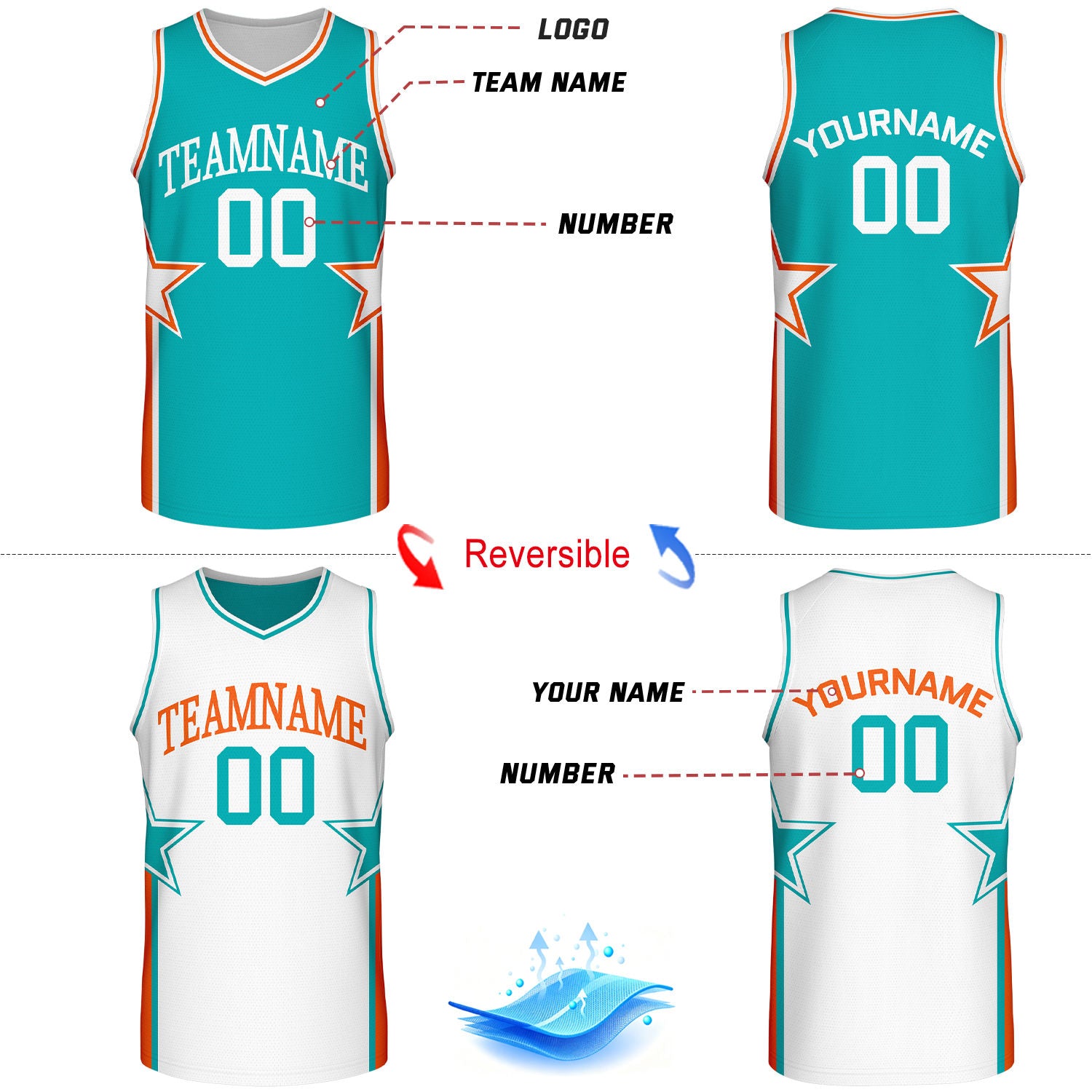 Custom Teal & White Star Reversible Basketball Uniform Set | Breathable Mesh Jersey & Shorts