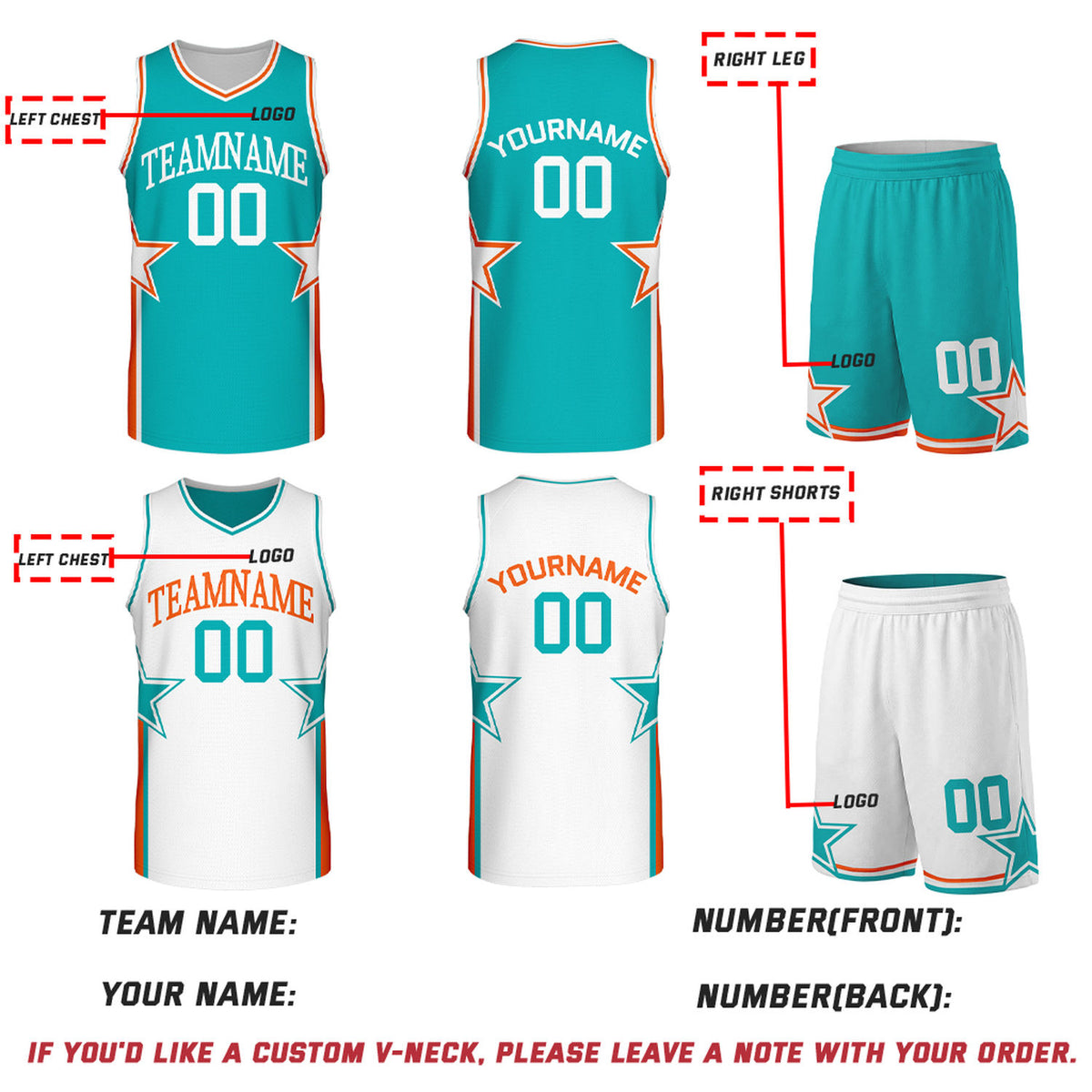 Custom Teal & White Star Reversible Basketball Uniform Set | Breathable Mesh Jersey & Shorts