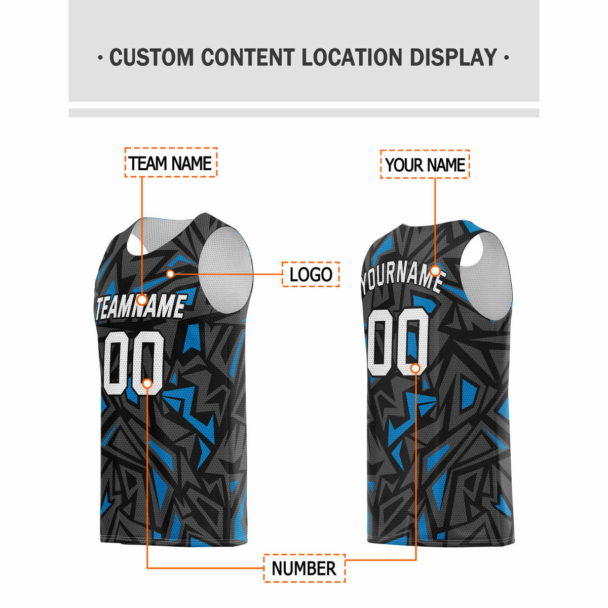 Custom Black & Blue Geo Pattern Basketball Jersey - Personalized Team Name, Number & LOGO | Vosoli