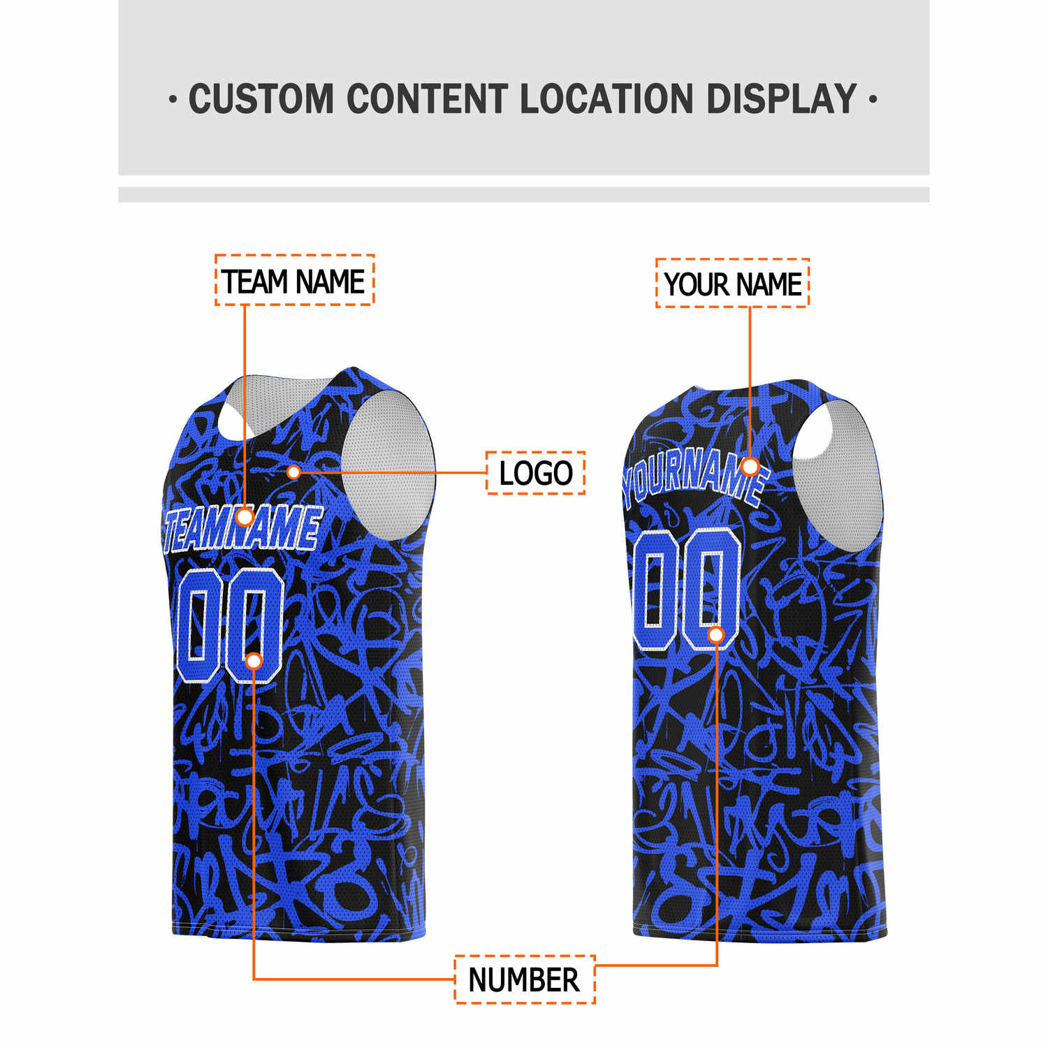 Custom Black & Blue Graffiti Basketball Jersey - Personalized Team Name, Number & LOGO | Vosoli