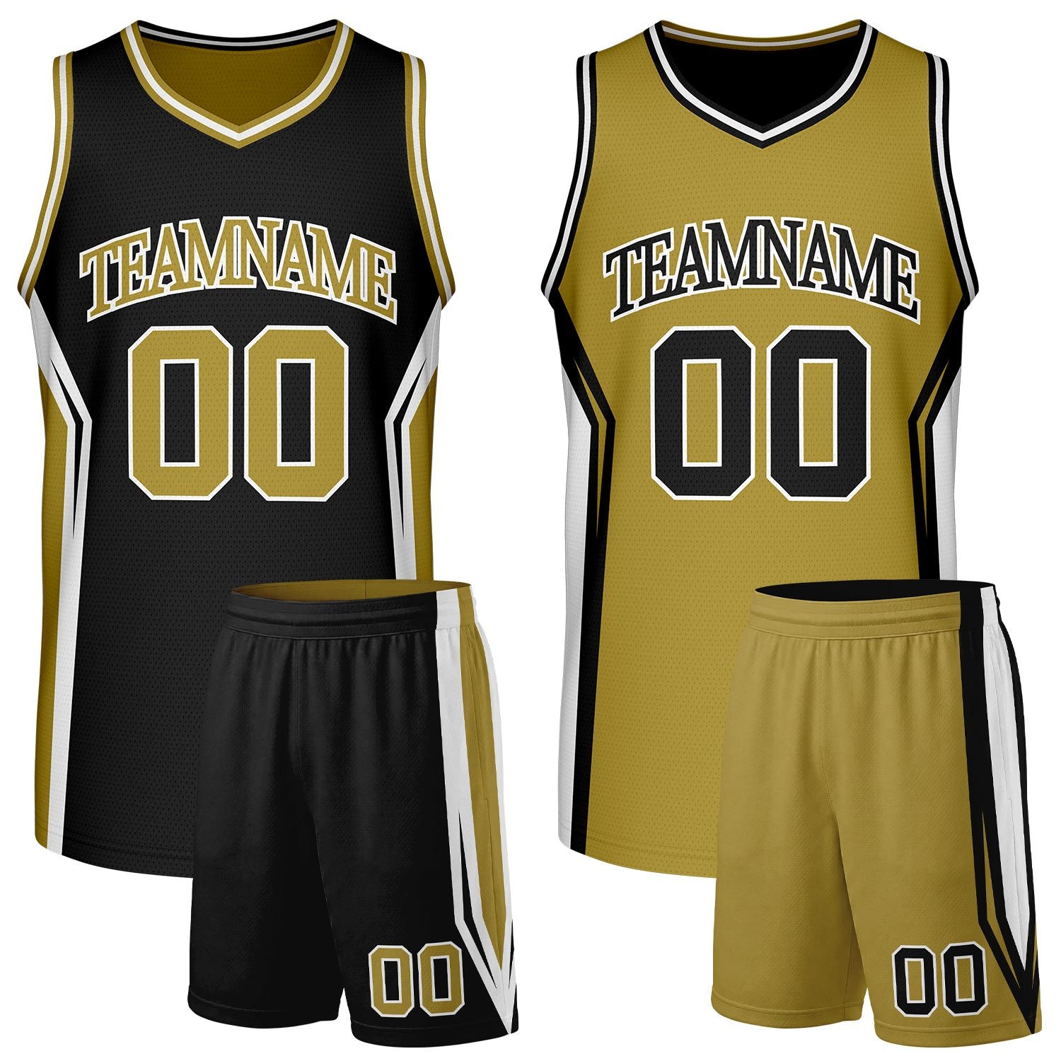 Custom black and gold basketball team uniform set, reversible jersey and shorts with personalized team name & player number, breathable mesh for adult and youth.