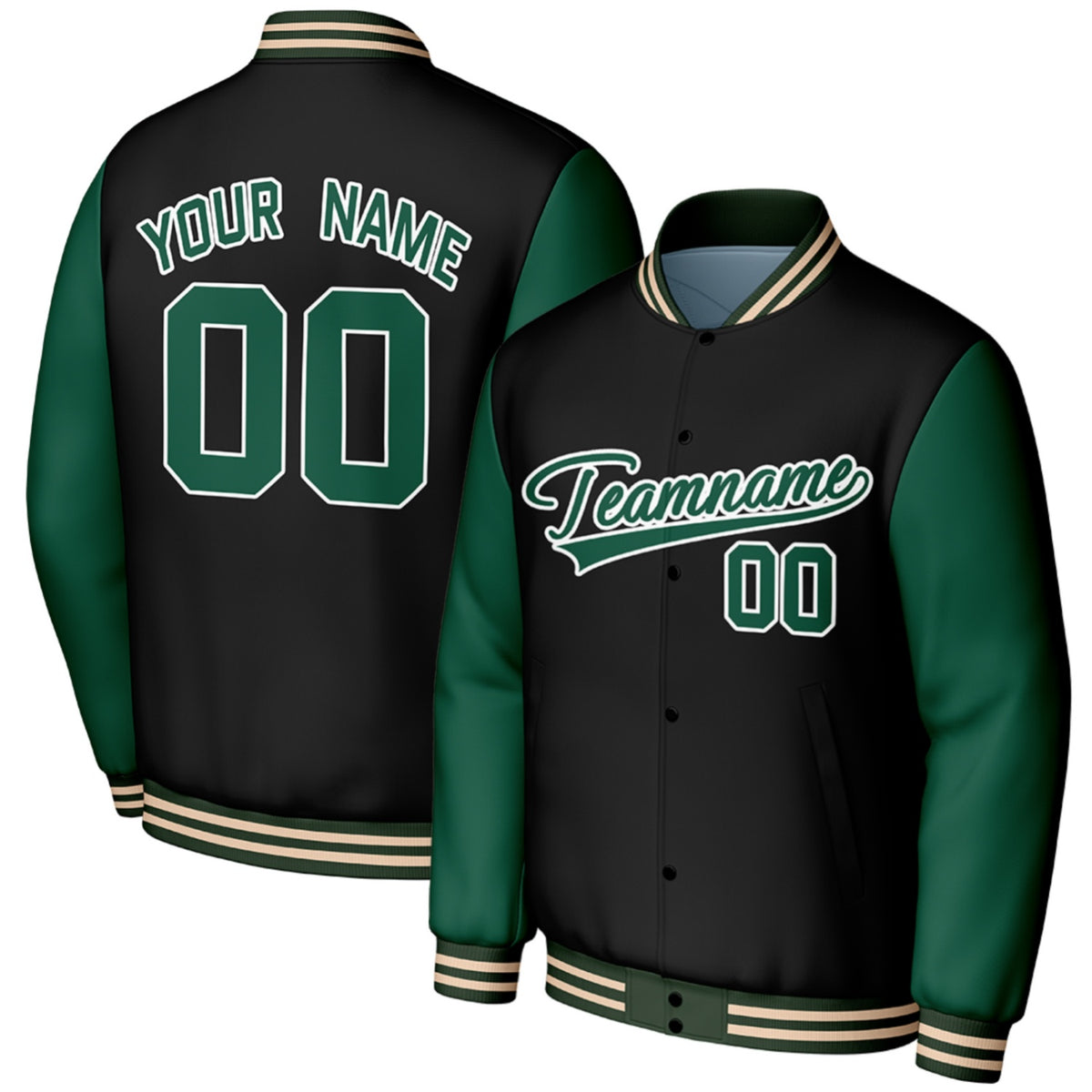 custom black green custom varsity baseball jacket high school by Vosoli, personalized stitched name, number &amp; logo, classic button up varsity letterman jacket for high school baseball team and casual wear