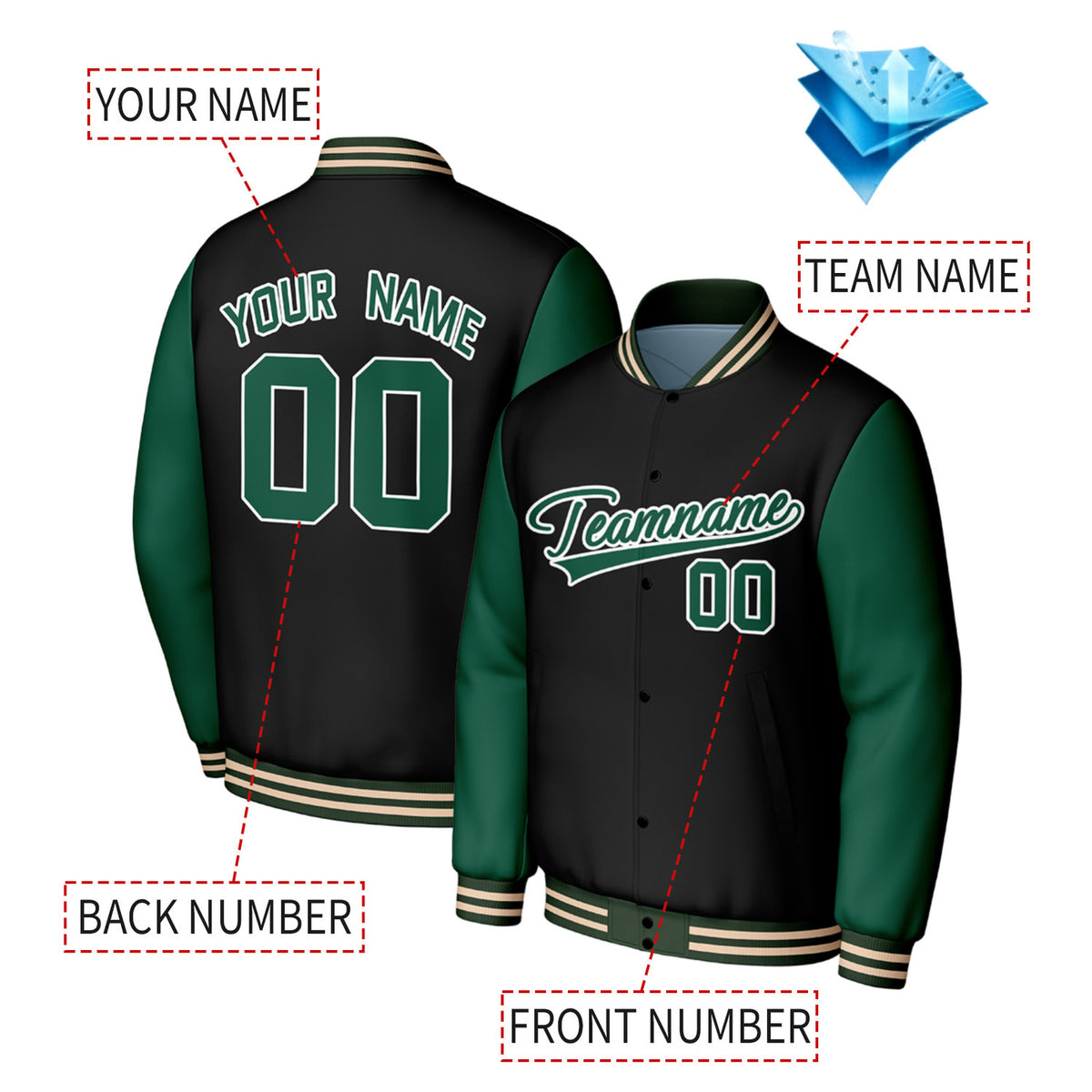 Custom Black & Green Baseball Jacket | Personalized Letterman Jacket with Stitched Name & Number for Adult & Youth