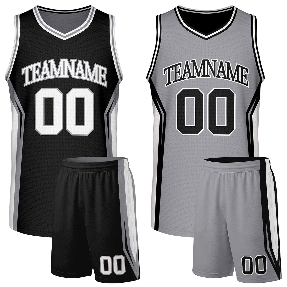 Custom black and grey basketball jersey and shorts set, reversible uniform with personalized team name & player number, breathable mesh for youth and adult.