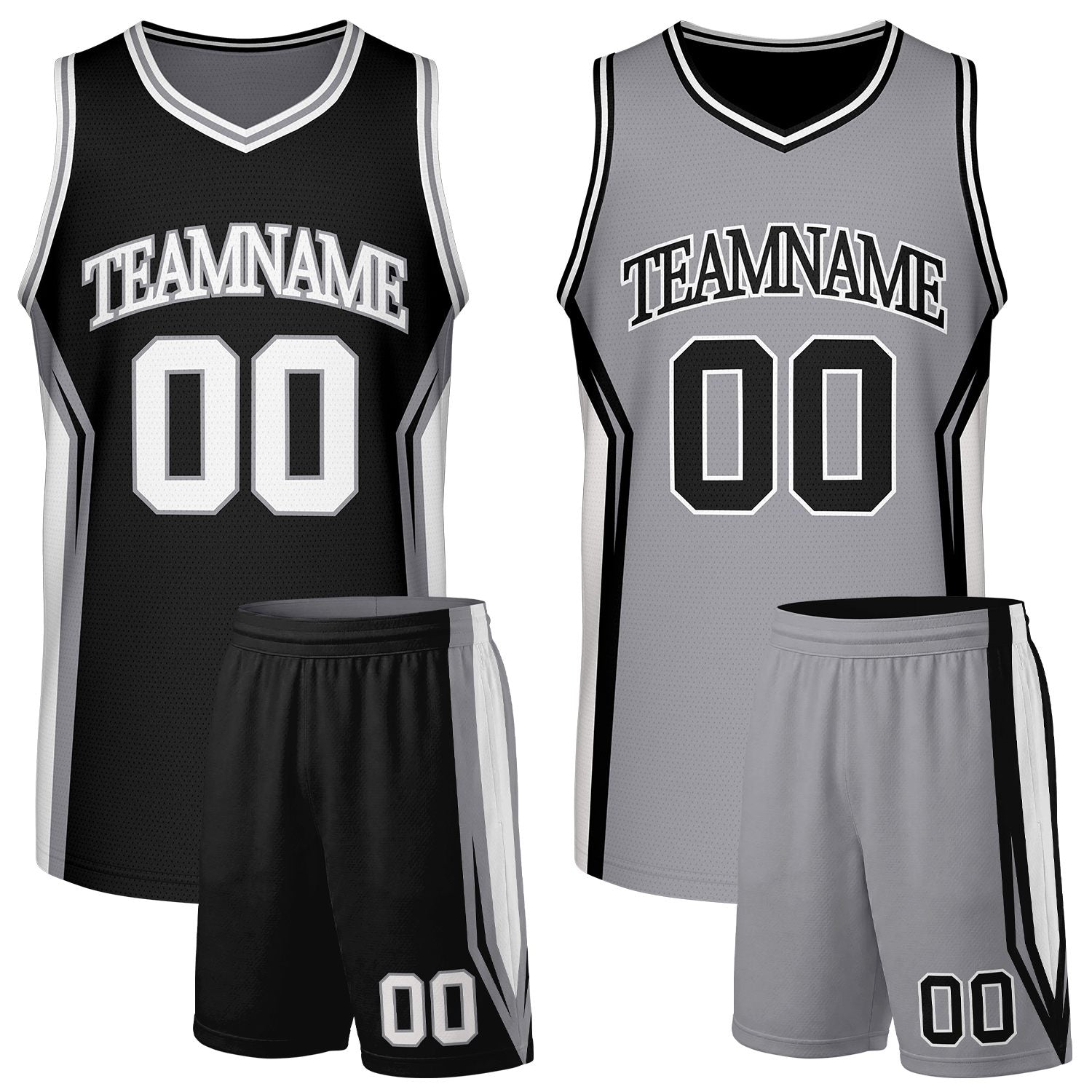 Custom black and grey basketball jersey and shorts set, reversible uniform with personalized team name & player number, breathable mesh for youth and adult.
