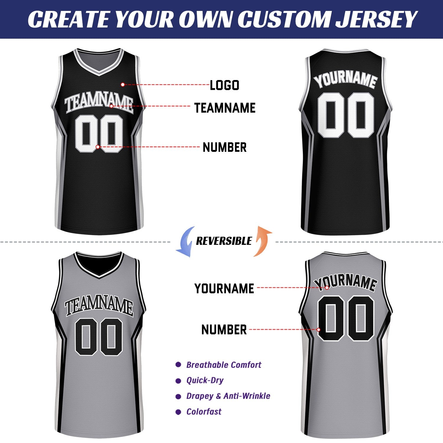 Custom Black & Grey Two Sided Basketball Uniform Set | Personalized Team Uniforms for Adult & Youth