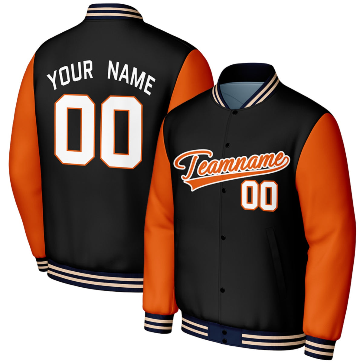 black orange personalized high school baseball jackets by Vosoli, personalized stitched name, number &amp; logo, classic button up varsity letterman jacket for high school baseball team and casual wear