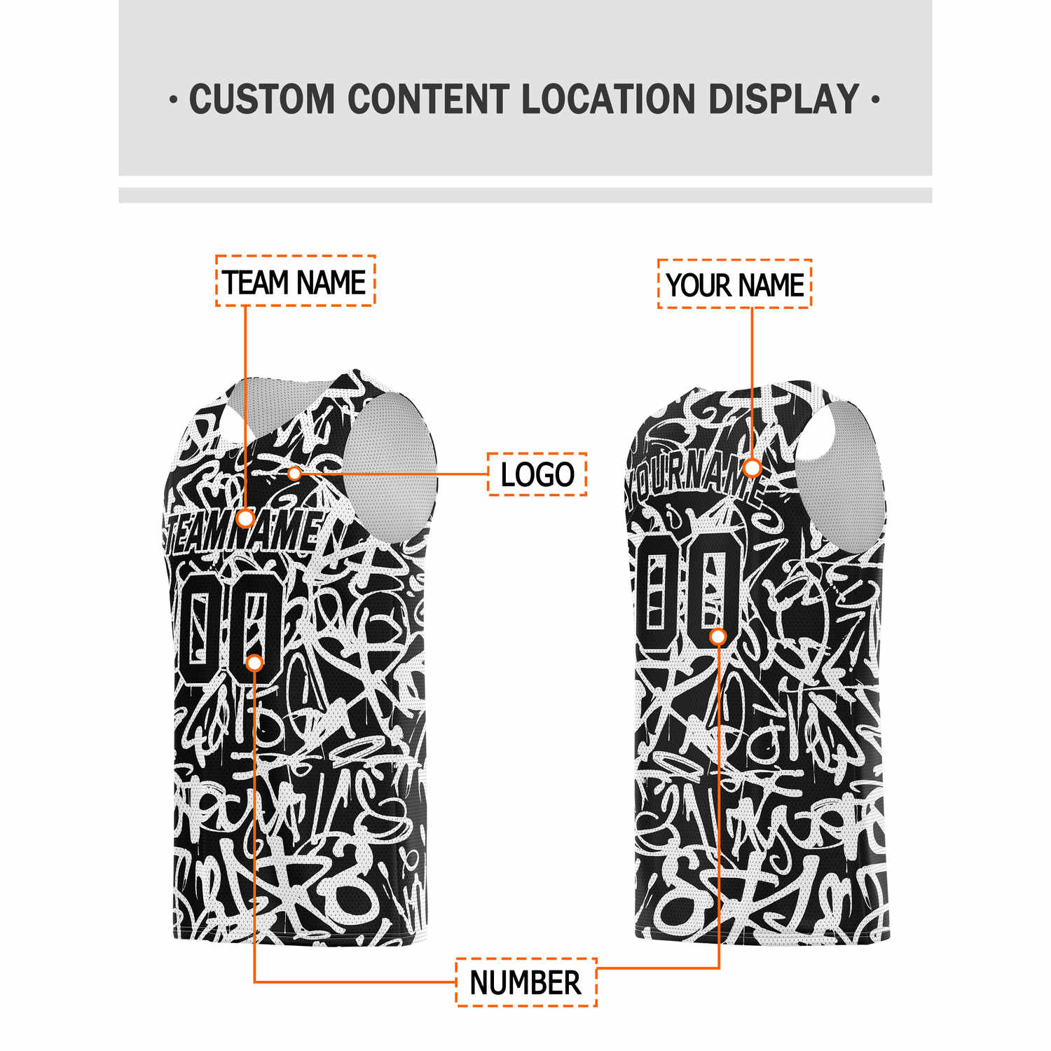 Custom Black & White Graffiti Basketball Jersey - Personalized Team Name, Number & LOGO | Vosoli