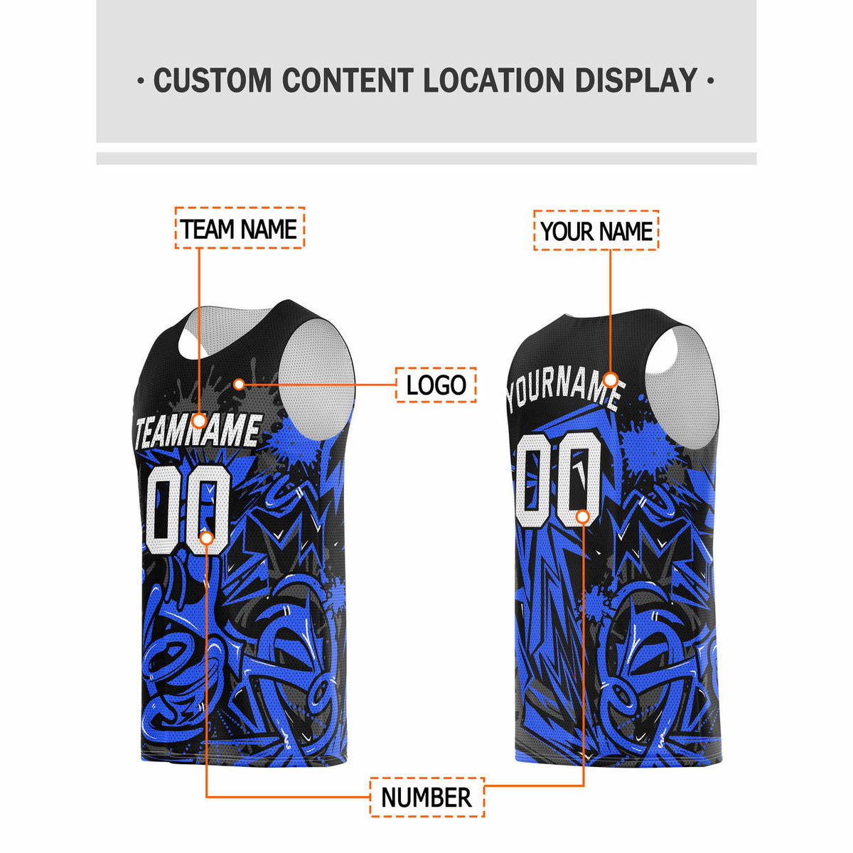 Custom Blue & Black Graffiti Splash Basketball Jersey - Personalized Team Name, Number & LOGO | Vosoli