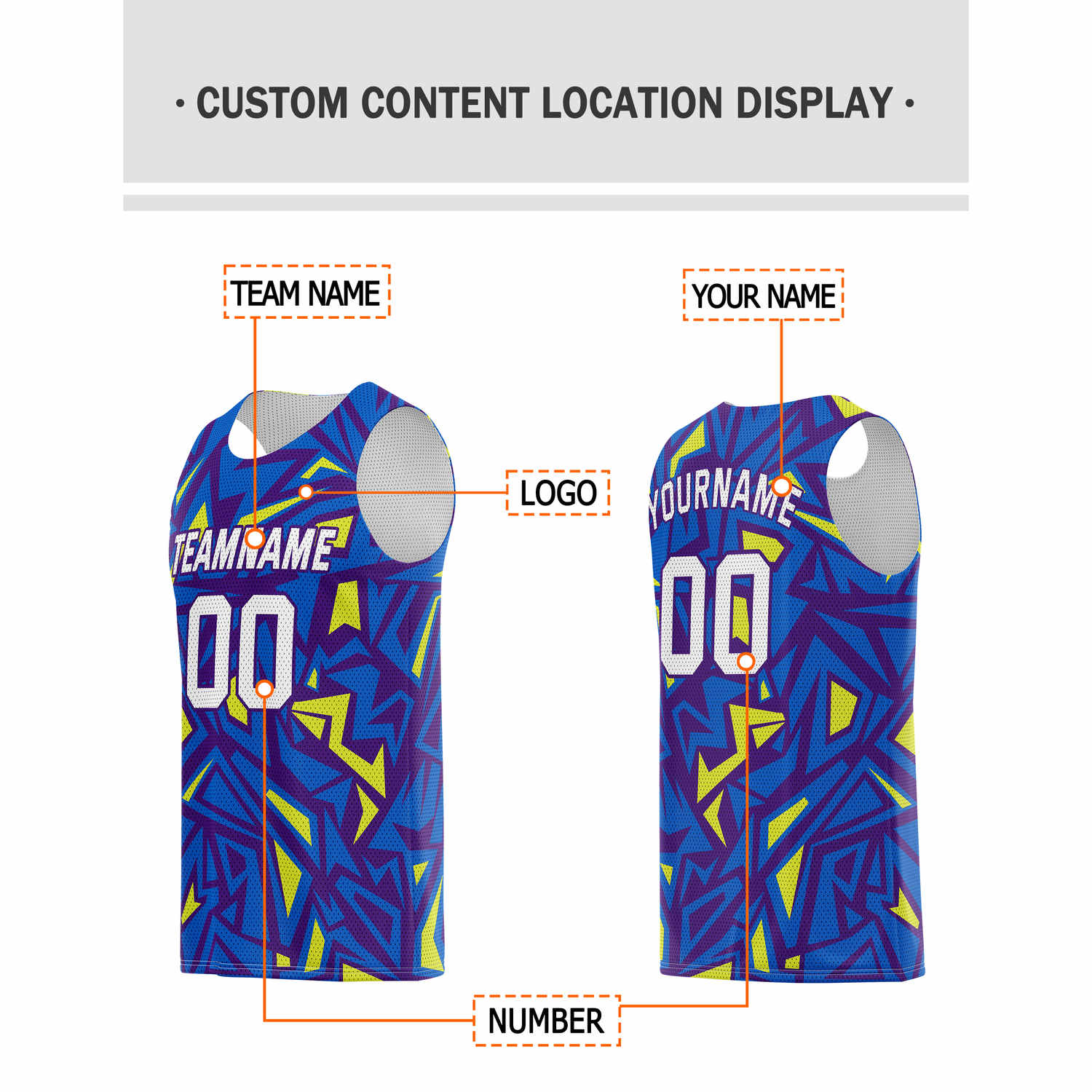 Custom Blue, Purple & Yellow Geo Pattern Basketball Jersey - Personalized Team Name, Number & LOGO | Vosoli