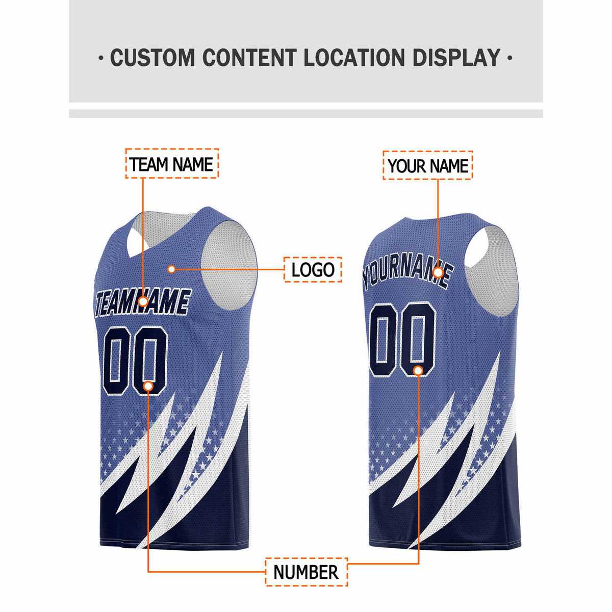 Custom Multi-Blue & White Lightning-Star Pattern Basketball Jersey - Personalized Team Name, Number & LOGO | Vosoli