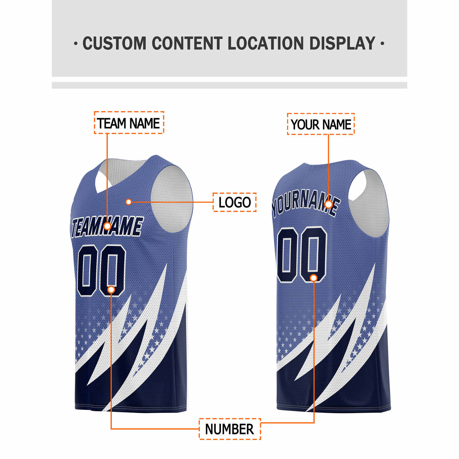 Custom Multi-Blue & White Lightning-Star Pattern Basketball Jersey - Personalized Team Name, Number & LOGO | Vosoli