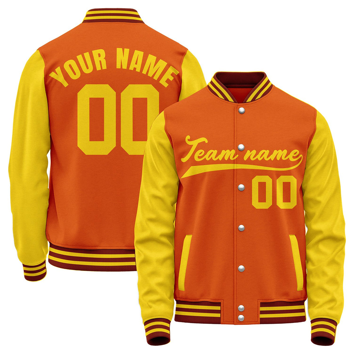 Bulk baseball team jackets, orange and yellow varsity letterman bomber jacket, custom team name, player number and logo.