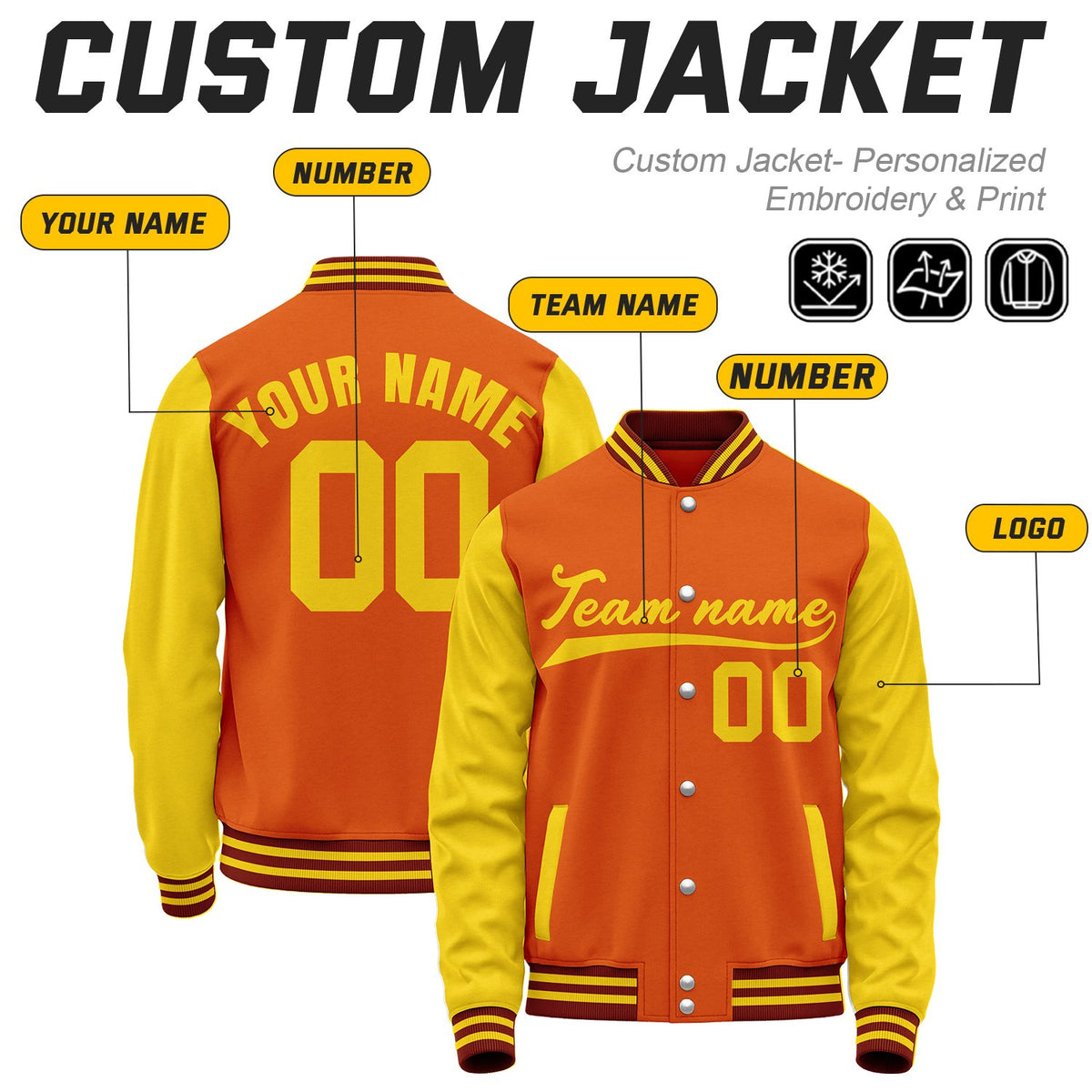 Custom Orange & Yellow Baseball Bomber Jacket | Retro Collegiate Varsity & Letterman