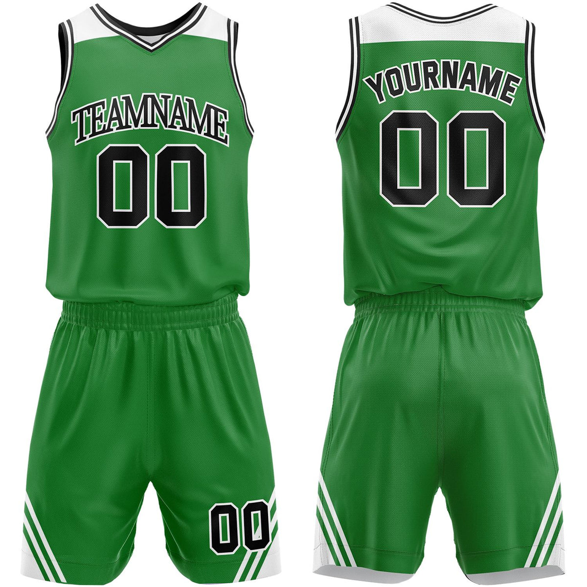 Bulk basketball uniforms green‑white by Vosoli, personalized team name, number & logo, breathable mesh fabric for bulk team orders and competitive match‑ready basketball outfits