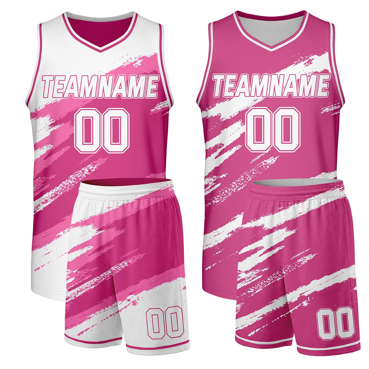 Bulk basketball uniforms white and hot pink reversible by Vosoli, personalized team name, number & logo, breathable dual-sided mesh for bulk team orders