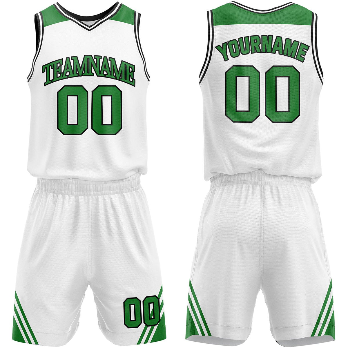Bulk basketball uniforms white‑green by Vosoli, personalized team name, number & logo, breathable mesh fabric for bulk team orders and competitive match‑ready basketball outfits