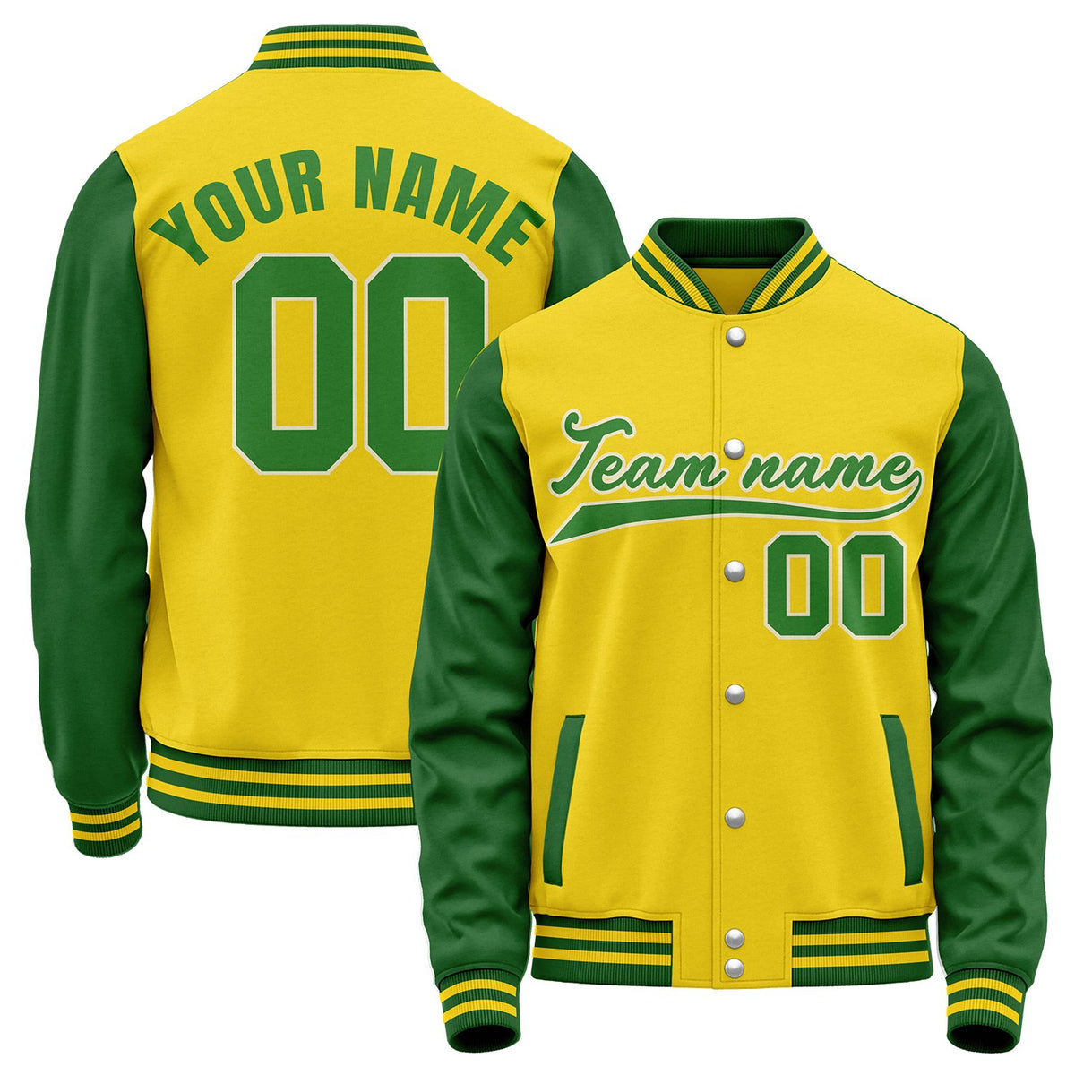 Bulk custom baseball jackets, yellow and green varsity letterman bomber jacket, personalized team name, player number and custom logo.