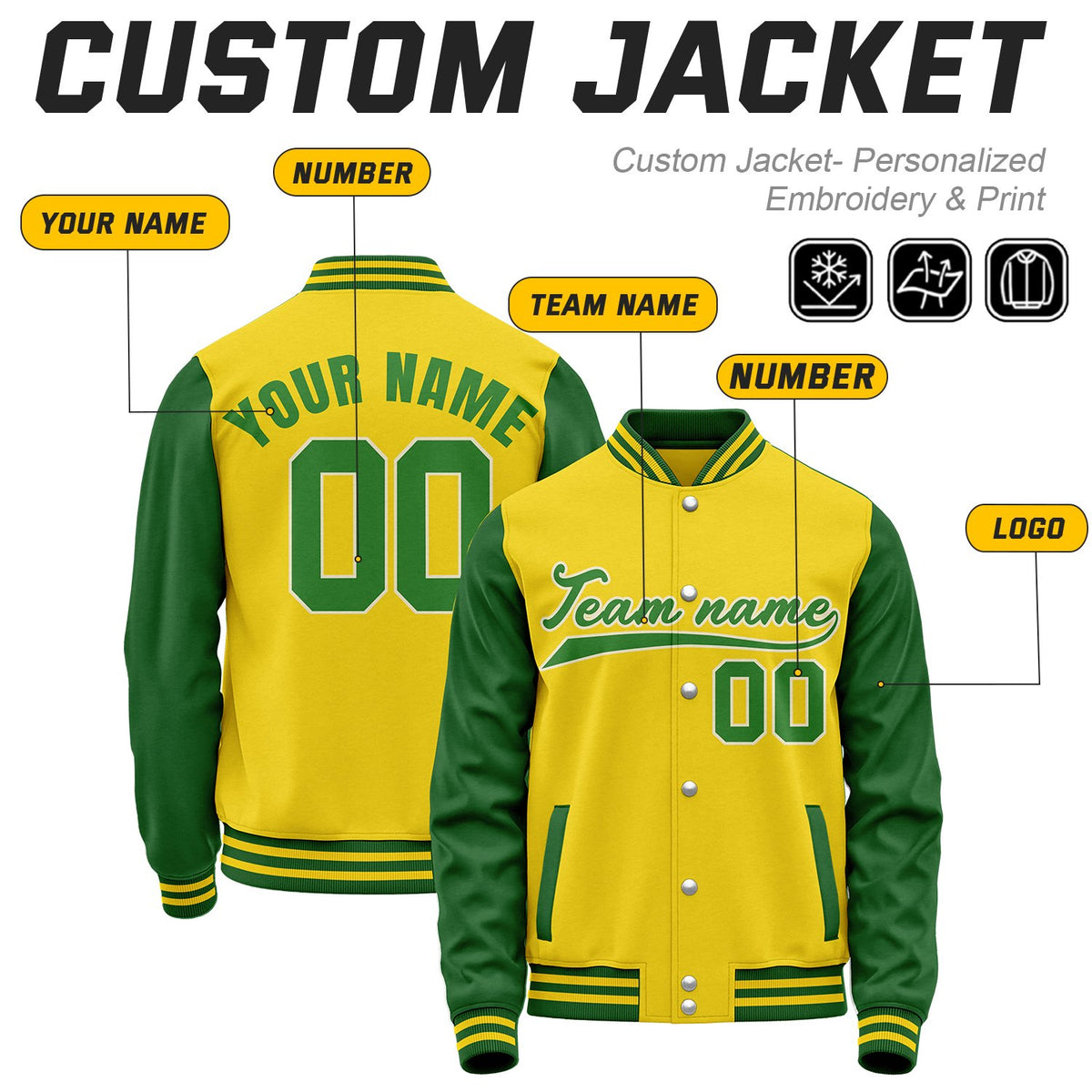 Custom Yellow & Green Baseball Bomber Jacket | Retro Collegiate Varsity & Letterman