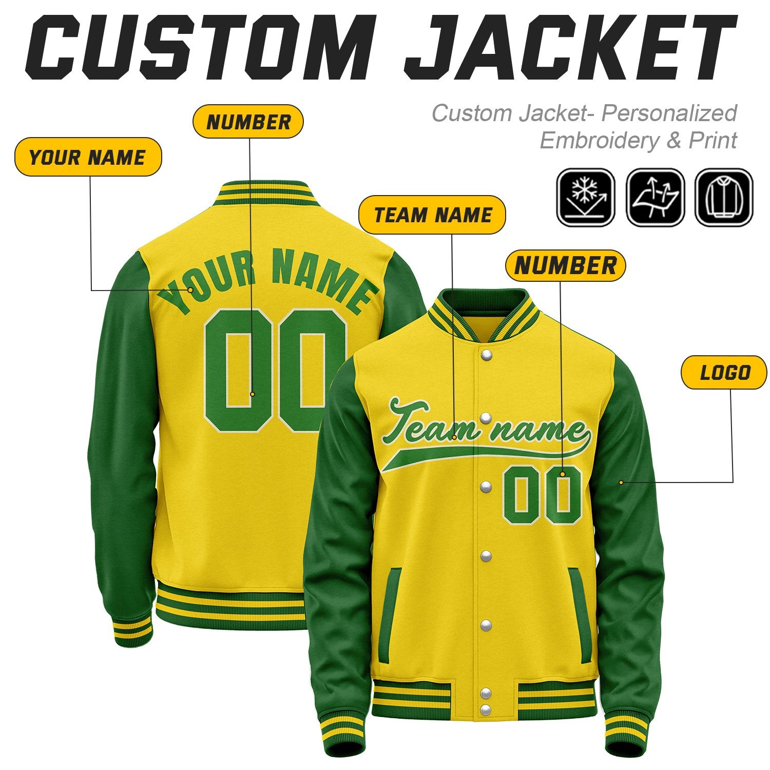 Custom Yellow & Green Baseball Bomber Jacket | Retro Collegiate Varsity & Letterman