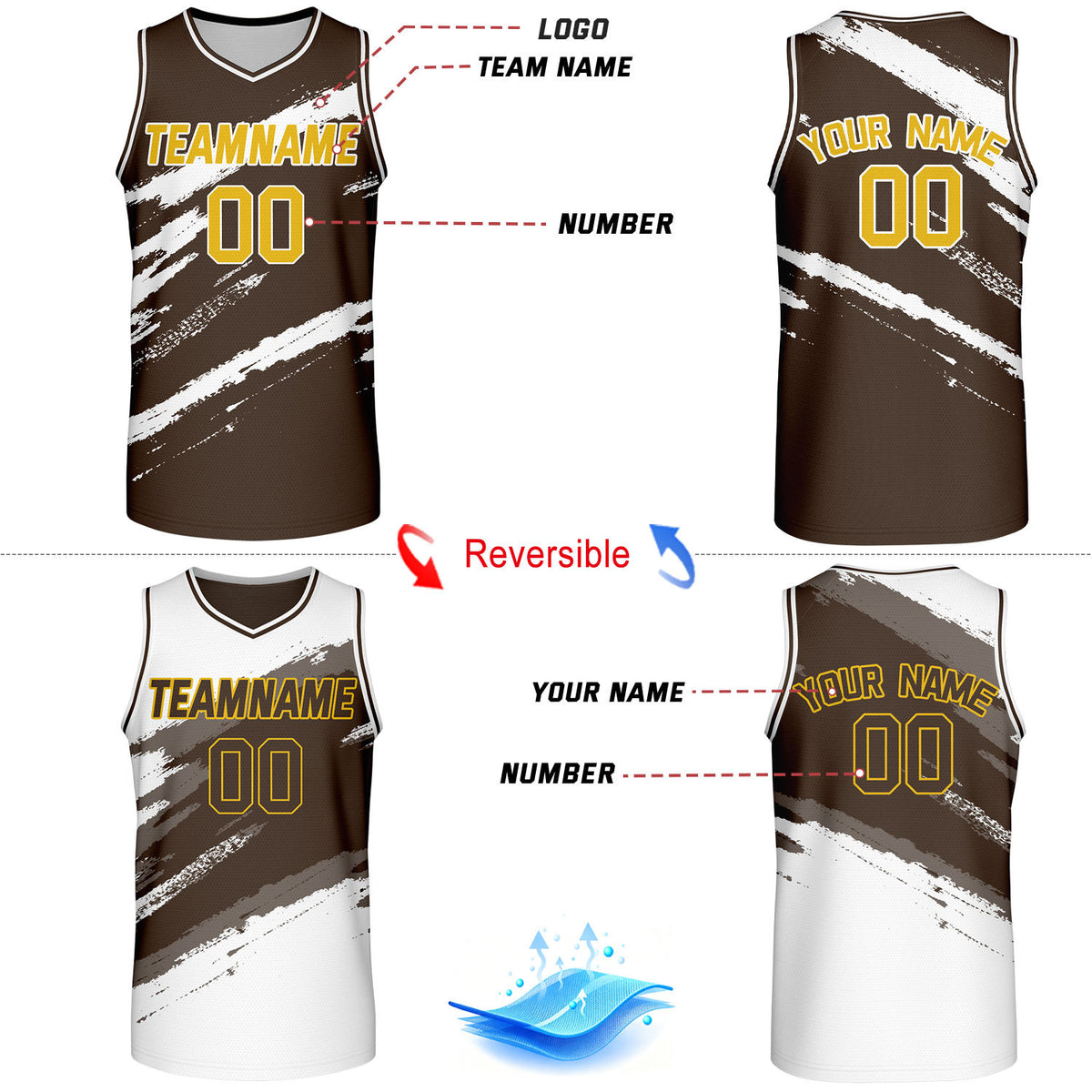 Custom Brown & White Brush Stroke Reversible Basketball Jersey | Adult Youth Jerseys for Large Group Team Orders