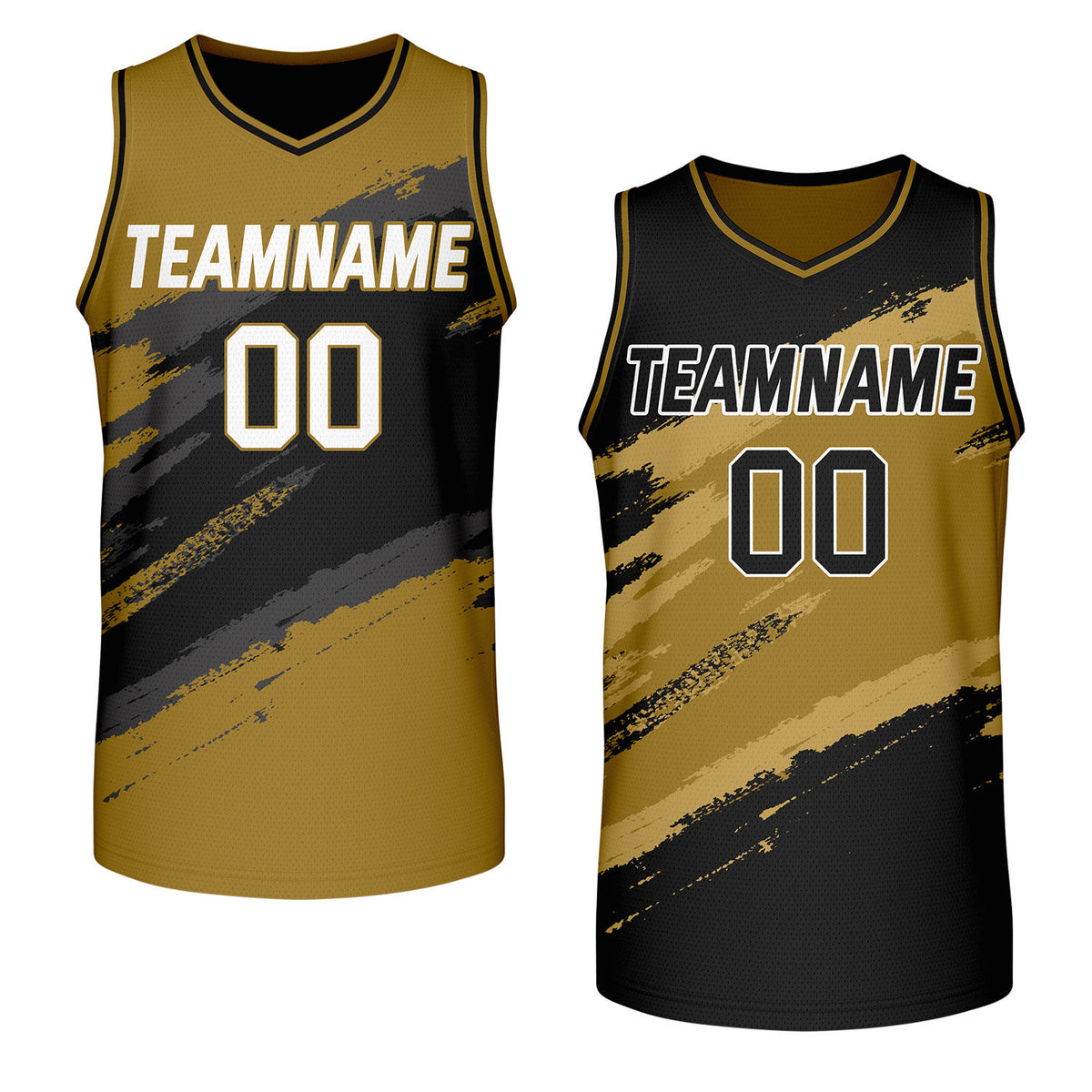 bulk custom basketball jerseys gold black reversible by Vosoli, personalized team name, number &amp; logo, breathable mesh dual sided basketball jersey for bulk team orders