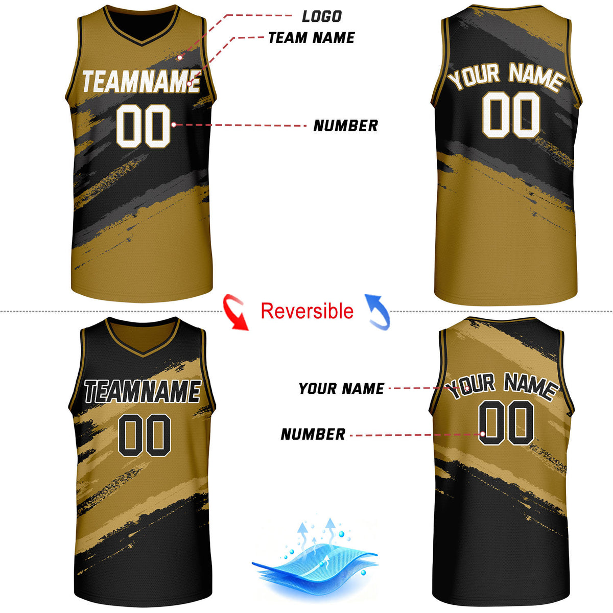 Custom Gold & Black Brush Stroke Reversible Basketball Jersey | Adult Youth Jerseys for Large Group Team Orders