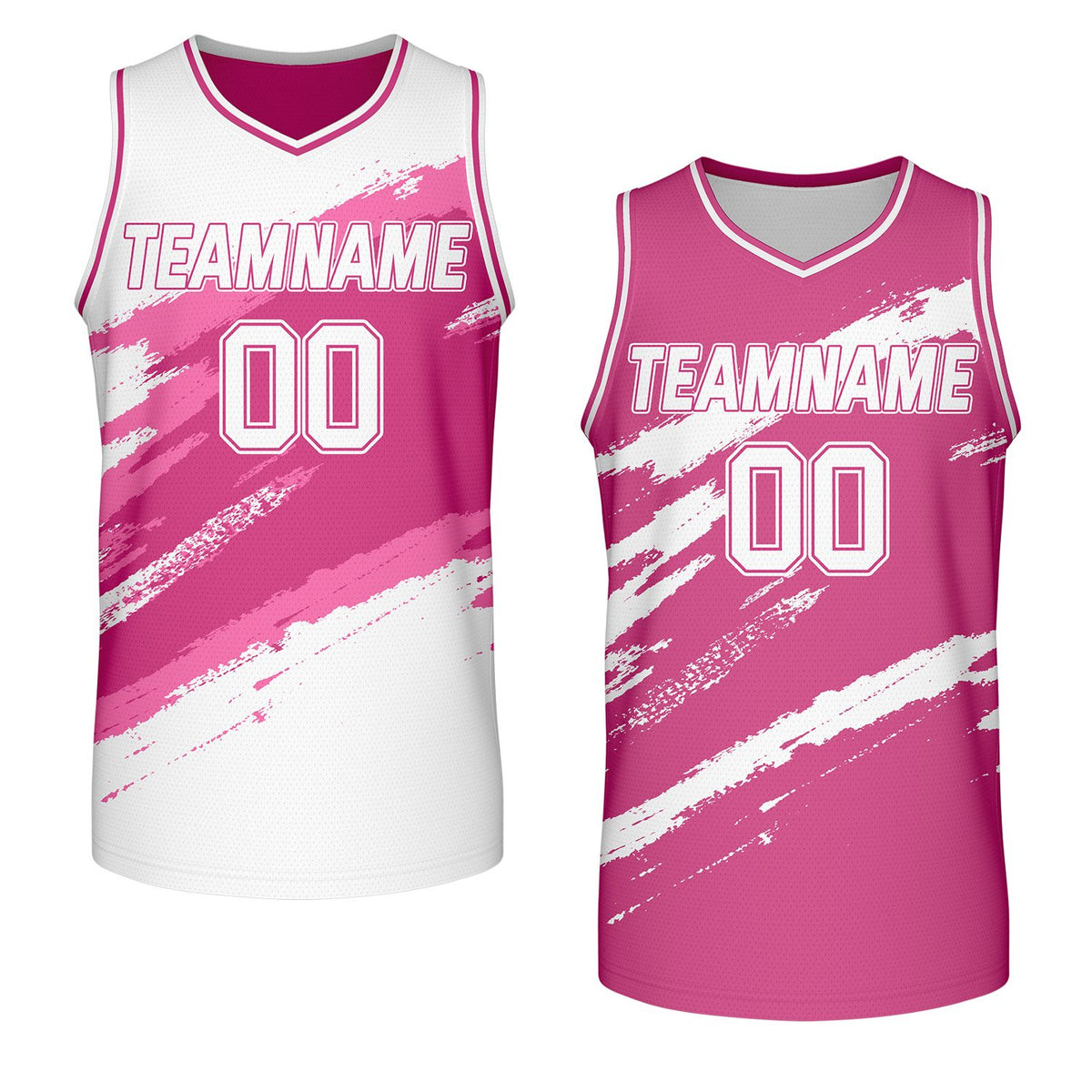 bulk custom basketball jerseys hot pink white reversible by Vosoli, personalized team name, number &amp; logo, breathable mesh dual sided basketball jersey for bulk team orders