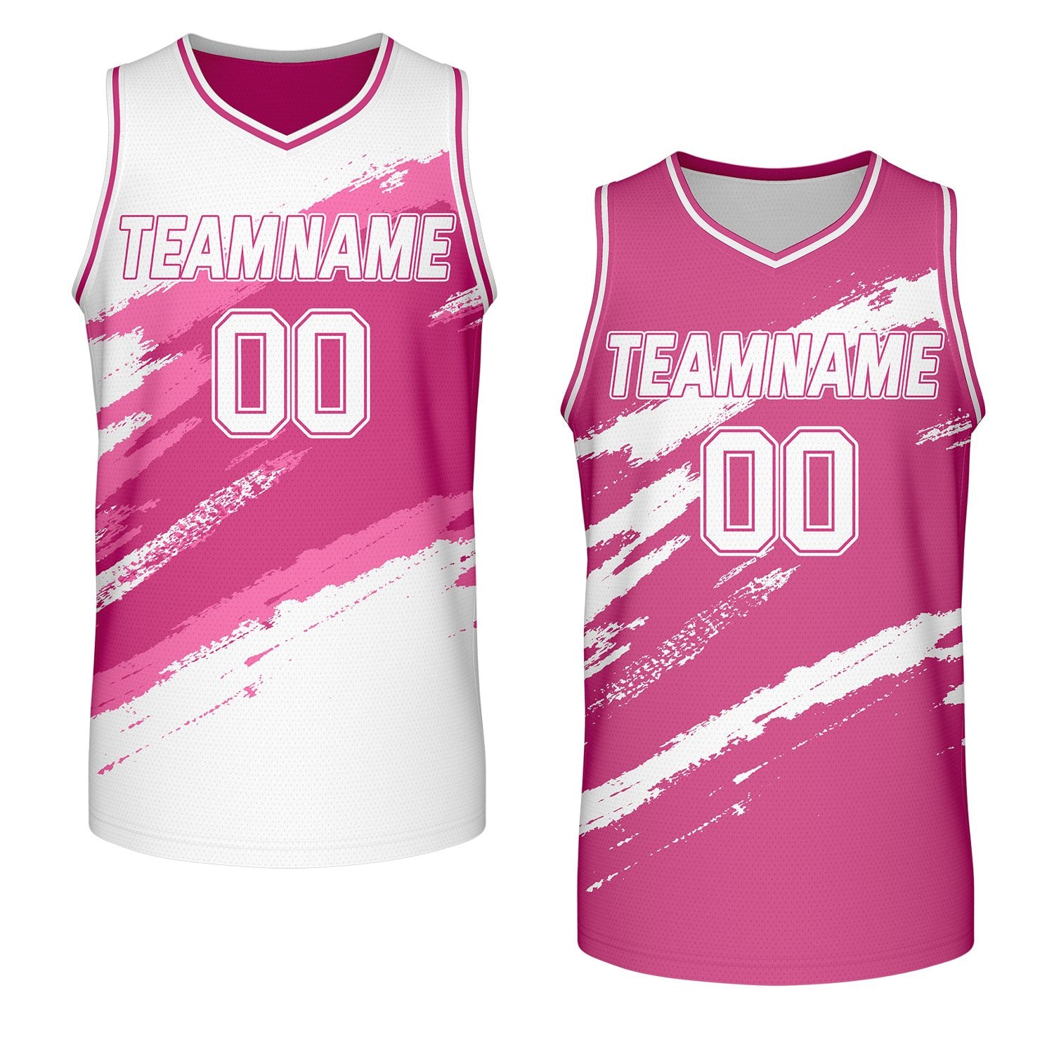 bulk custom basketball jerseys hot pink white reversible by Vosoli, personalized team name, number & logo, breathable mesh dual sided basketball jersey for bulk team orders