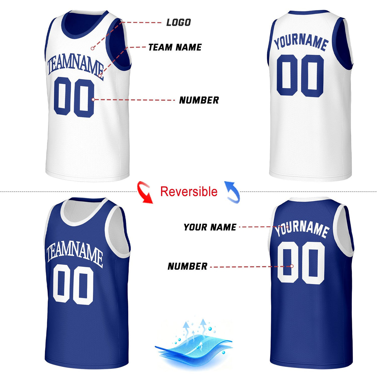 Custom Classic Reversible Basketball Jersey White & Blue Mesh Team Uniform for Adult Youth