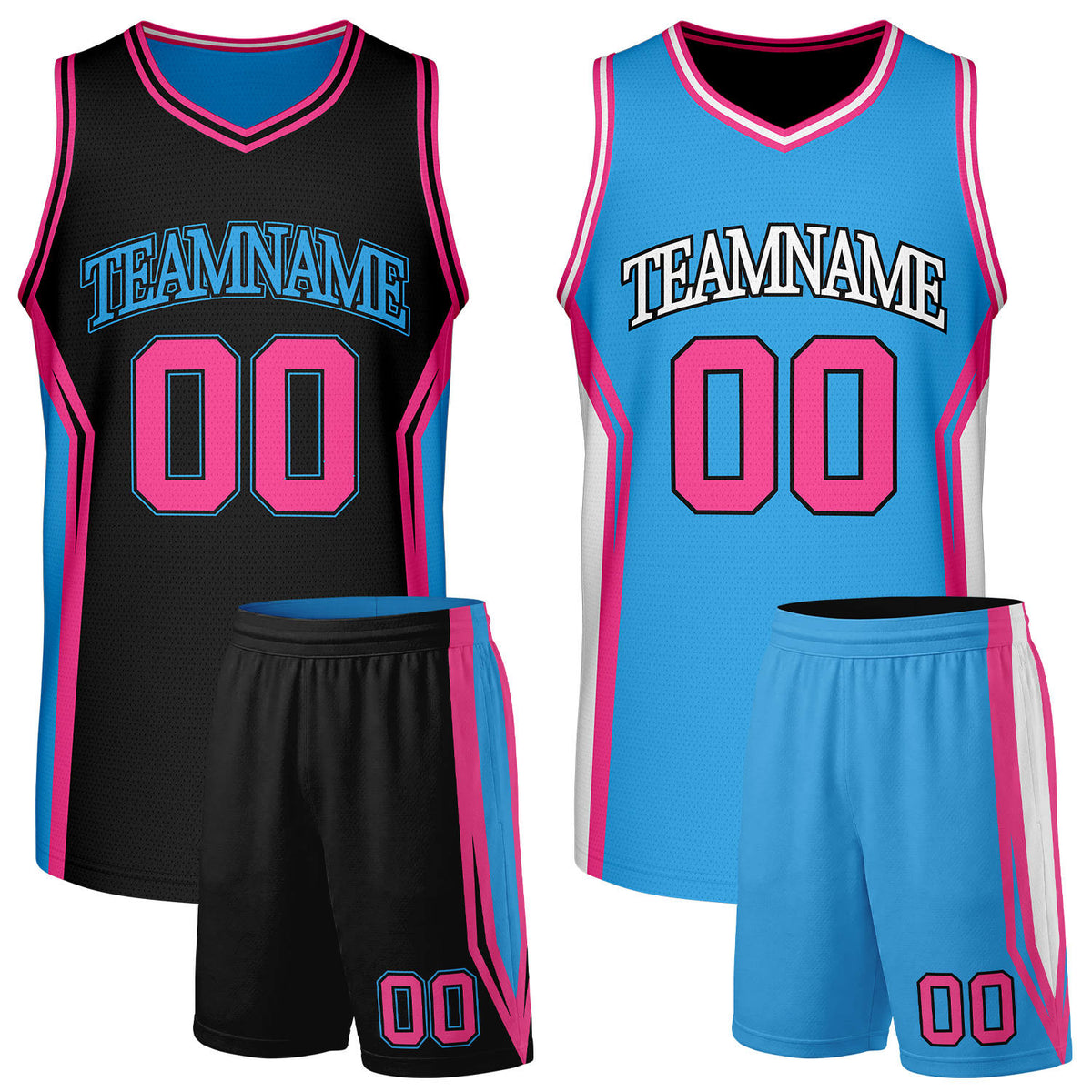 Bulk custom black and sky blue basketball jerseys set, reversible jersey and shorts set with personalized name &amp; number, breathable mesh for adult &amp; youth.