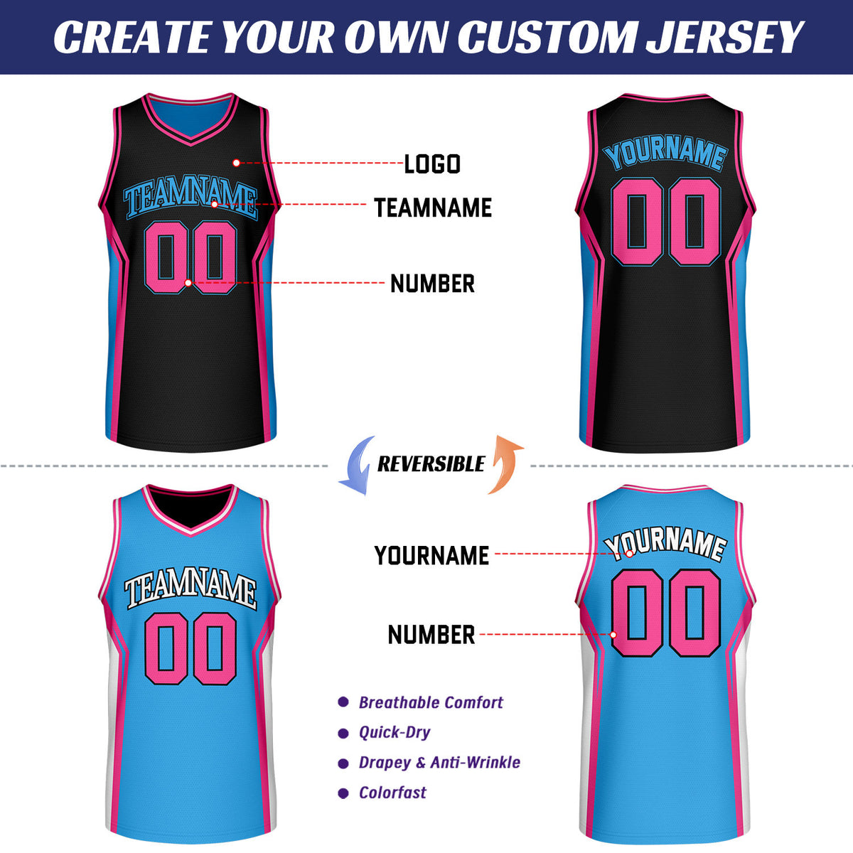 Custom Black & Sky Blue Two Sided Basketball Uniform Set | Personalized Team Uniforms for Adult & Youth