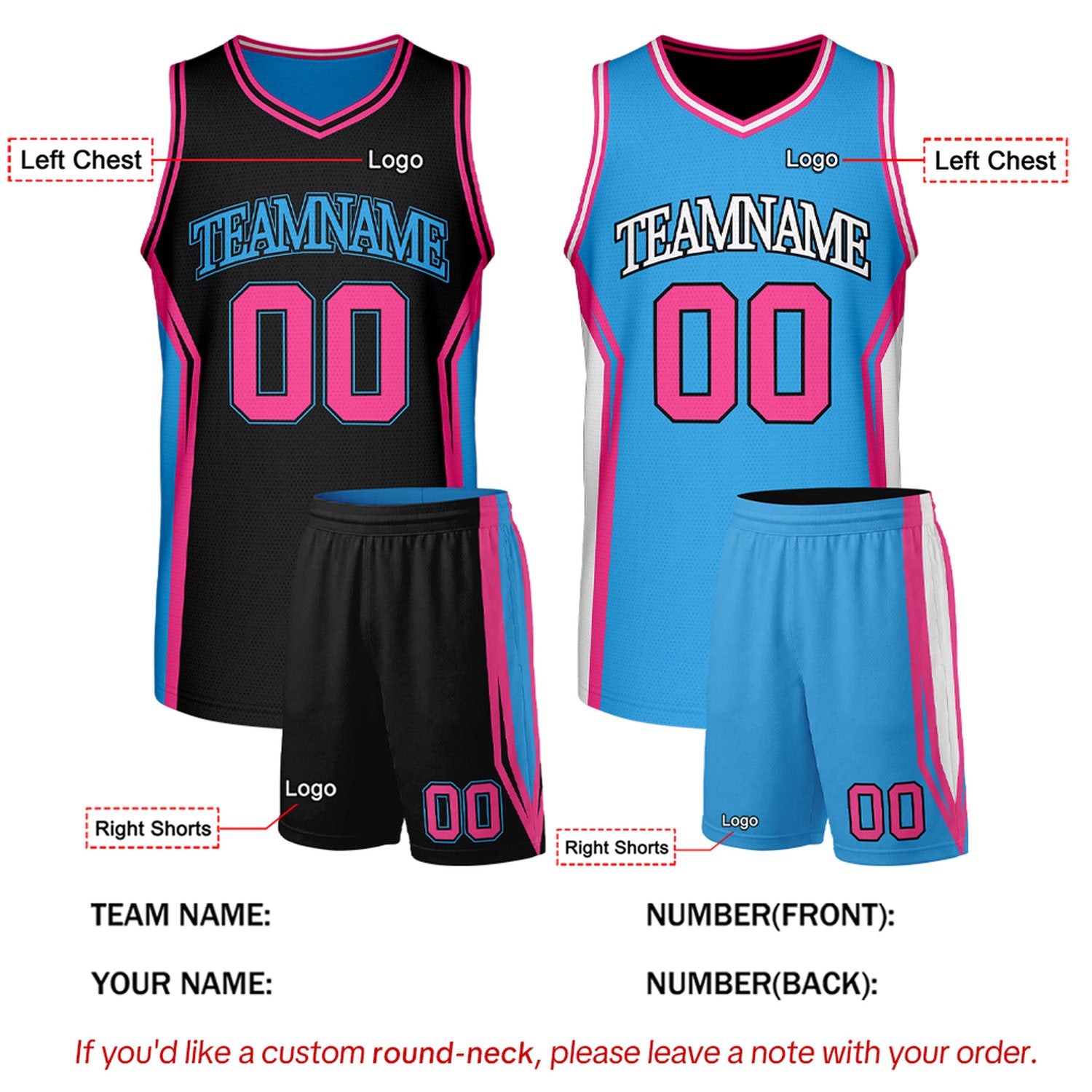 Custom Black & Sky Blue Two Sided Basketball Uniform Set | Personalized Team Uniforms for Adult & Youth