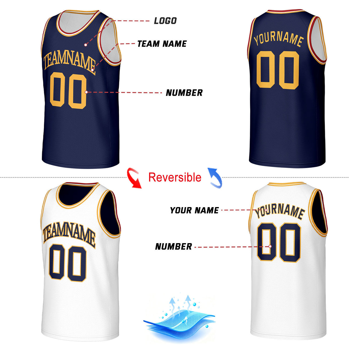 Custom Classic Reversible Basketball Jersey White & Navy Mesh Team Uniform for Adult Youth