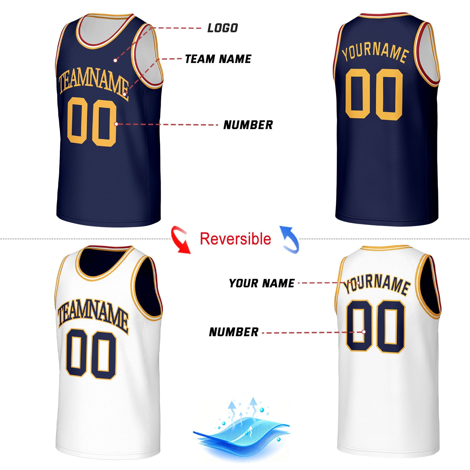 Custom Classic Reversible Basketball Jersey White & Navy Mesh Team Uniform for Adult Youth
